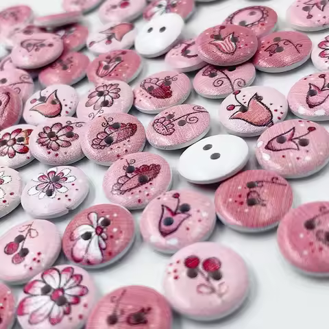 30/50/100pcs Pink Flower Print Mix Round Wood Button Sewing Scrapbooking Clothing Crafts Handwork Ac