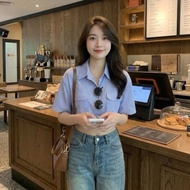 ELWYN women's shirt, youthful Korean style short-sleeved blue striped shirt, size S M L 02968