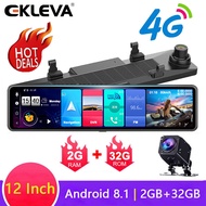 EKLEVA กล้องติดรถยนต์กระจก12นิ้วเลนส์คู่ FHD 1080P 4G Android 13/8.1 Stream Media กระจกมองหลังรถบลูท