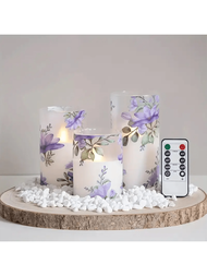 3入組紫色花卉led蠟燭燈,帶有3d線芯,遙控和計時功能,適用於室內桌面家居裝飾