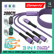 Elementz - 一拖三充電線 200cm N3C 黑色 3合1充電傳輸線 60W Micro USB Apple Ios Lightning及Android Type C 叉電線 充電線 數據線