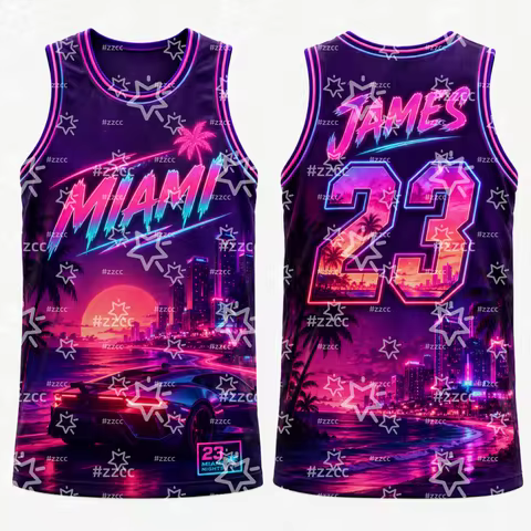 2026 Lebron James No.23 Basketball Jerseys Retro Miami Coastal Crime Graphic Tee Summer Sports Men's