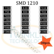 Resistor SMD 1210 7.5ohm,8.2ohm,9.1ohm,75ohm,750ohm,7.5Kohm,82ohm,820ohm,91ohm,910ohm,750Kohm,820Kohm,910Kohm 5% 30 pcs
