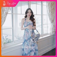 K404 : เดรสยาวเเขนกุดคล้องคอผ้าชีฟองพิมลายดอกไม้