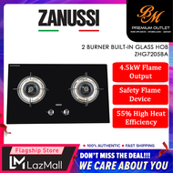 ZANUSSI (76CM/9.0KW) 2 BURNER BUILT-IN GLASS HOB, BRASS BURNER CAP (2022) | ZHG7205BA