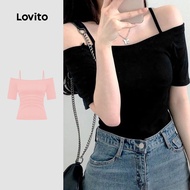 Lovito Glamorous T-Shirt Plain Pleated Backless T-Shirt for Women L101AD185
