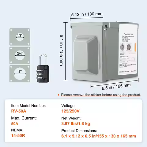 50 Amp RV Power Outlet Box, 125/250 Volt, Enclosed Lockable Outdoor RV Receptacle Box, NEMA 14-50R W