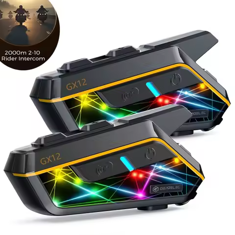 GEARELEC GX12 Motorcycle Bluetooth Helmet Intercom 2000m Range Interphone for 2-10 Riders with FM Ra