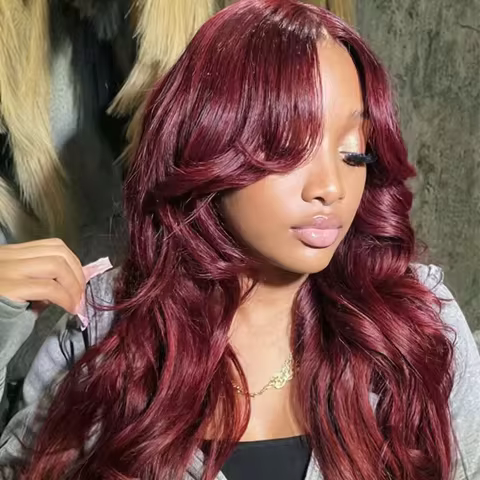 46 Inch 99J Burgundy Body Wave Brazilian Remy Human Hair Wig 13x4 13x6 HD Transparent Lace Frontal W