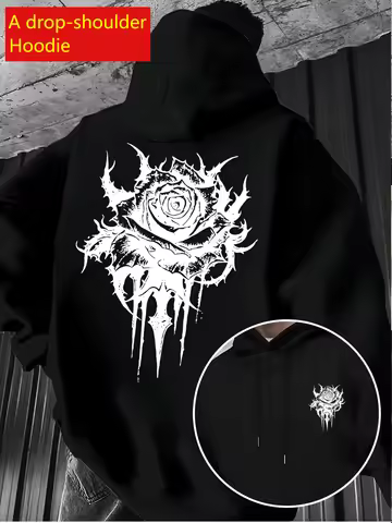 Dark Gothic Thorn Rose Drip Line Print Drop Shoulder Hoodie Men High Street Casual Pullover Sweatshi