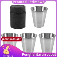 Stainless Steel Shot Cups, Set of 4 Cups, Metal Shot Glasses, Stackable, Hip Flask Small with Leathe