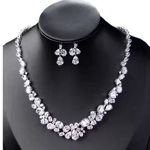 WEIMANJINGDIAN Brand Luxury Teardrop and Oval Cubic Zirconia Necklace Earring Wedding Jewelry Set