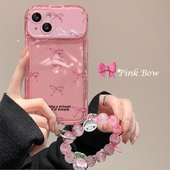 Flip Mirrorกระจกแต่งหน้าทรงโบว์แบบเต็มจอ สีชมพูไอโฟน11 For iPhone12 13 14 15Pro MAX X XS XR XS 7 8Plus SE2020เคสโทรศัพท์