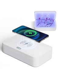 1個白色可攜式uv消毒盒,帶usb接口,多功能無線手機充電器和指甲,珠寶,牙刷360°消毒器,適用於日常使用