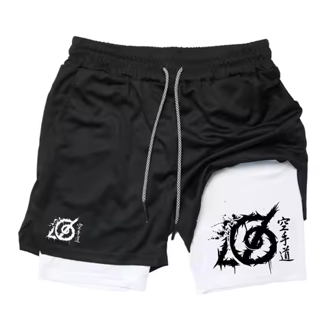 2-in-1 Printed Karate Running Shorts Men's Compression Shorts Gym Jogging Workout Breathable Fitness