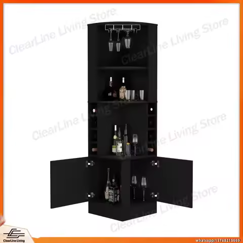 Atanasio Corner Bar Cabinet with 8 Wine Glasses Storage Shelf Double Door Black Wenger Finish Home B