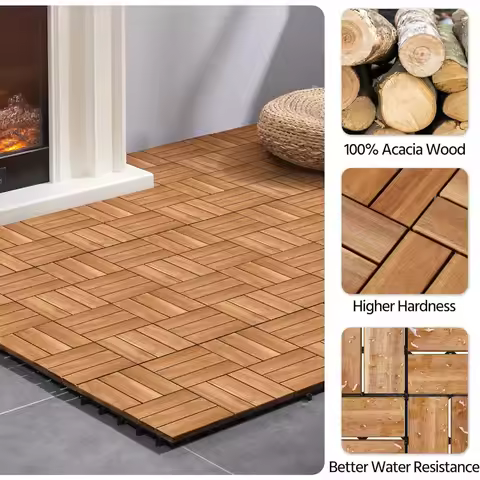 Interlocking Acacia Hardwood Patio Deck Tiles 12x12 Inch Waterproof Outdoor Wood Flooring for Garden