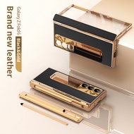 เคสหนังแท้สำหรับ Samsung Galaxy Z Fold 6 5 4 3เคสป้องกันบานพับ2อันสำหรับ Z Fold4 Fold5 Fold6เคสพร้อม