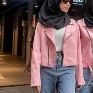 Outware Jaket kulit Wanita Crop Pink Hijab Ootd Tza Simpel Fashion Terbaik 100% original