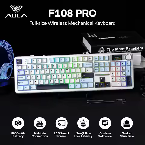 AULA F108/F108 PRO 108 Keys Mechanical Keyboard with RGB Backlit Hot Swappable 8000mAh Battery 3 Mod