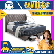 [FREE GIFT RM159 KING KOIL PILLOW ]  [Combo Bed Set] Fabric Bedframe &amp; Mattress Tunisia Storage Drawers Divan / Solid Divan Bed / Bedframe / Katil Hotel / 5 Star Hotel Bed - Single / Super Single / Queen / King Size