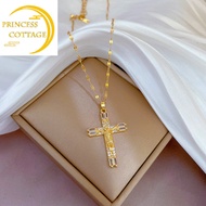18 k saudi gold necklace pawnable original full diamond cross necklace women's Titanium steel collarbone chain accessories