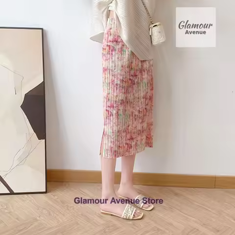 French floral Issey Miyake temperament skirt women spring and summer new printing high fashion slim 