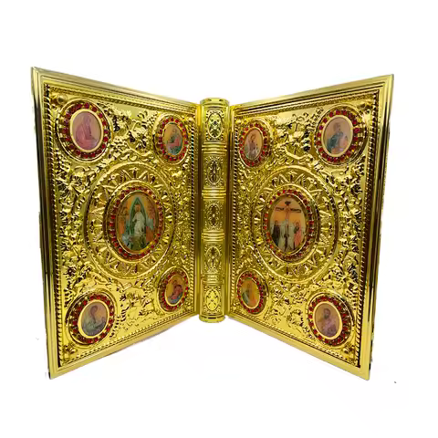 Ornate Gilded Orthodox Gospel Book Cover Enamel Inlaid With Holy Saint Icons And Red Rhinestones Vin