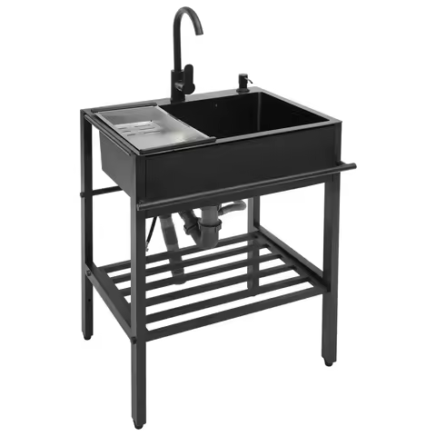 Modern Freestanding Rectangular 201 Stainless Steel Kitchen Sink Set Black 60x45x86cm with Accessori