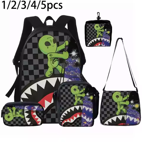 1/2/3/4/5PCS Trendy Shark Graphic Backpack Set | Perfect for School & Daily Adventures