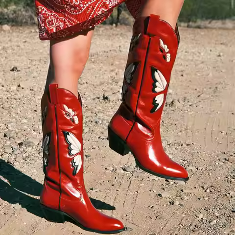 2025 Brand New Big size 46 Red Butterfly Cowboy Boots for Women Black Vintage Y2K Slip On Cowgirls K