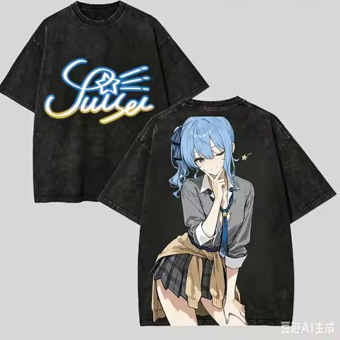 Hoshimachi Suisei Washed T-shirt Anime Lover Harajuku New Model Unisex Oversized Vintage Loose Stree