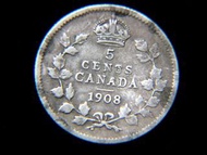 英屬加拿大銀幣-1908年英屬加拿大葉環5仙銀幣(英皇愛德華七世像)