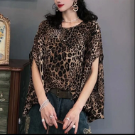 Large Size Loose Fit MM Womens Fashion Bat Sleeve T-Shirt Summer Asymmetrical Design Batik Printed W