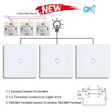 2way 3way 1gang Touch Switch Wall Light Switches No Neutral Wire 240V No Wifi For Staircase Bedside