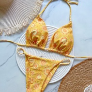 Yellow Print Laced-Up Bikini Suit Low-Waist Lace-Up biquini