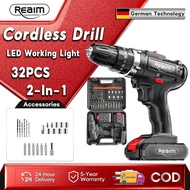 REAIM Cordless Drill Electric Drill Driver Kit Hand Drill  Power Drill Impact 32Pcs Set  Batteri