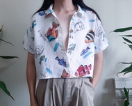 復古款 100% 亞麻露臍魚紋沙灘襯衫 短袖 中號