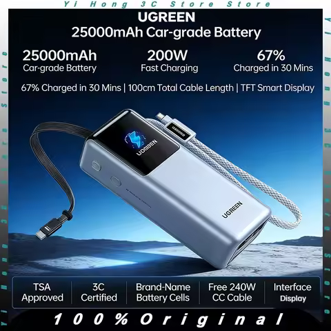 UGREEN 25000mAh Powerbank 200W Fast Charger Built-in Retractable Cable 3C Certified Portable Externa