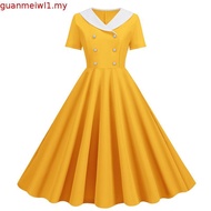 ❥Vintaj Pakaian Pesta❥Hepburn Classy Retro 1950s 60sWomen S Contrasting Color Fashion V-Neck Double-