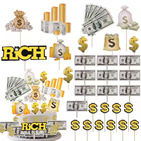 30 Pcs Dollar Cake Topper Set Dollar Bill Sign Cupcake Decorations For Birthday Party Cake Ornament 