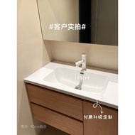 ST-🚢Wholesale Wood Color Integrated Ceramic Basin Bathroom Cabinet Mirror Cabinet Combination Set Washbasin Toilet Cream