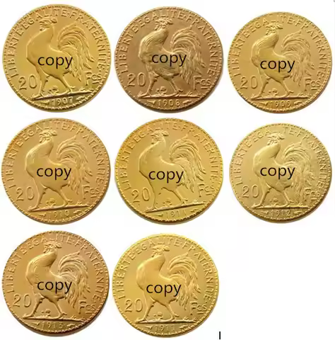 A Set Of(1907-1914) 8pcs France 20 Franc Rooster Gold Plated Copy Coin