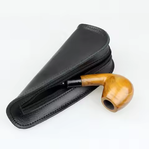Portable Single Pipe Case with Zipper Genuine Leather Tobacco Pipe Pouch Vintage Smoking Pipe Holder