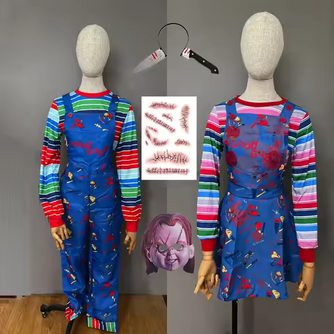 Adult Chucky Cosplay Costume with Striped Shirt and Jumpsuit Dress for Chucky Overalls Halloween Cos