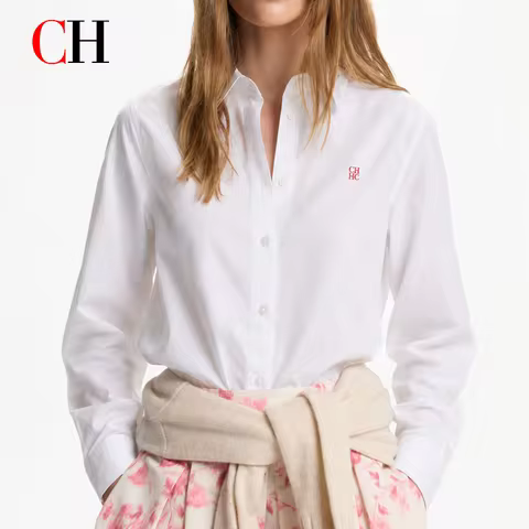 CH Women's White Embroidered Logo Shirt Point Collar Long Sleeve Regular Fit Office Blouse