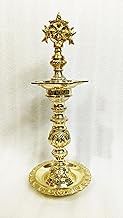 Yela Five Faces Sangu Chakram Kuthu Vilakku Diya Lamp for Diwali, Nachiarkovil Traditional Hand Made Brass Kuthu Kattai Carvings. (H 36 CM, W 16 CM), (Weight 1750 Gram) (Gold)