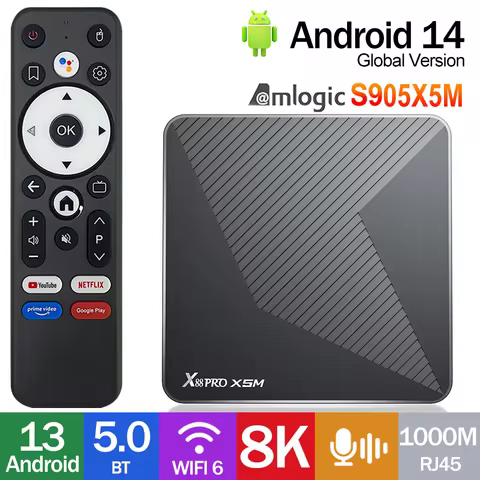 X88 Pro X5M TV BOX 2.4G /5G dual-band Wifi Mali-G310 Android 14.0 4K Dc 5V/2A Voice Mediaplayer Set 