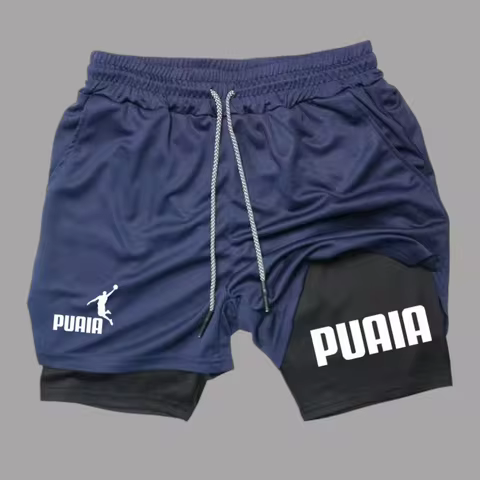Summer breathable 2-in-1 double-layer shorts men's elastic compression shorts quick drying multifunc