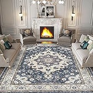 Washable Living Room Area Rug - 9 x 12 Stain Resistant Medallion Soft Bedroom Rugs Distressed Design